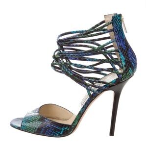Jimmy Choo Blue-Green Snake Print Strappy Stiletto Sandals